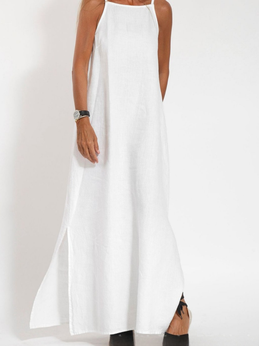 Cotton Linen Slit Spaghetti Strap Long Dress