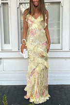 Spaghetti Strap Backless Ruffle Trim Printed Maxi Dress