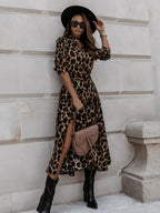 Leopard Print Long Sleeves Large Skirt Maxi Dresses