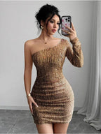 Sloping Shoulders Sequins Long Sleeves Hip Wrap Mini&Short Dresses