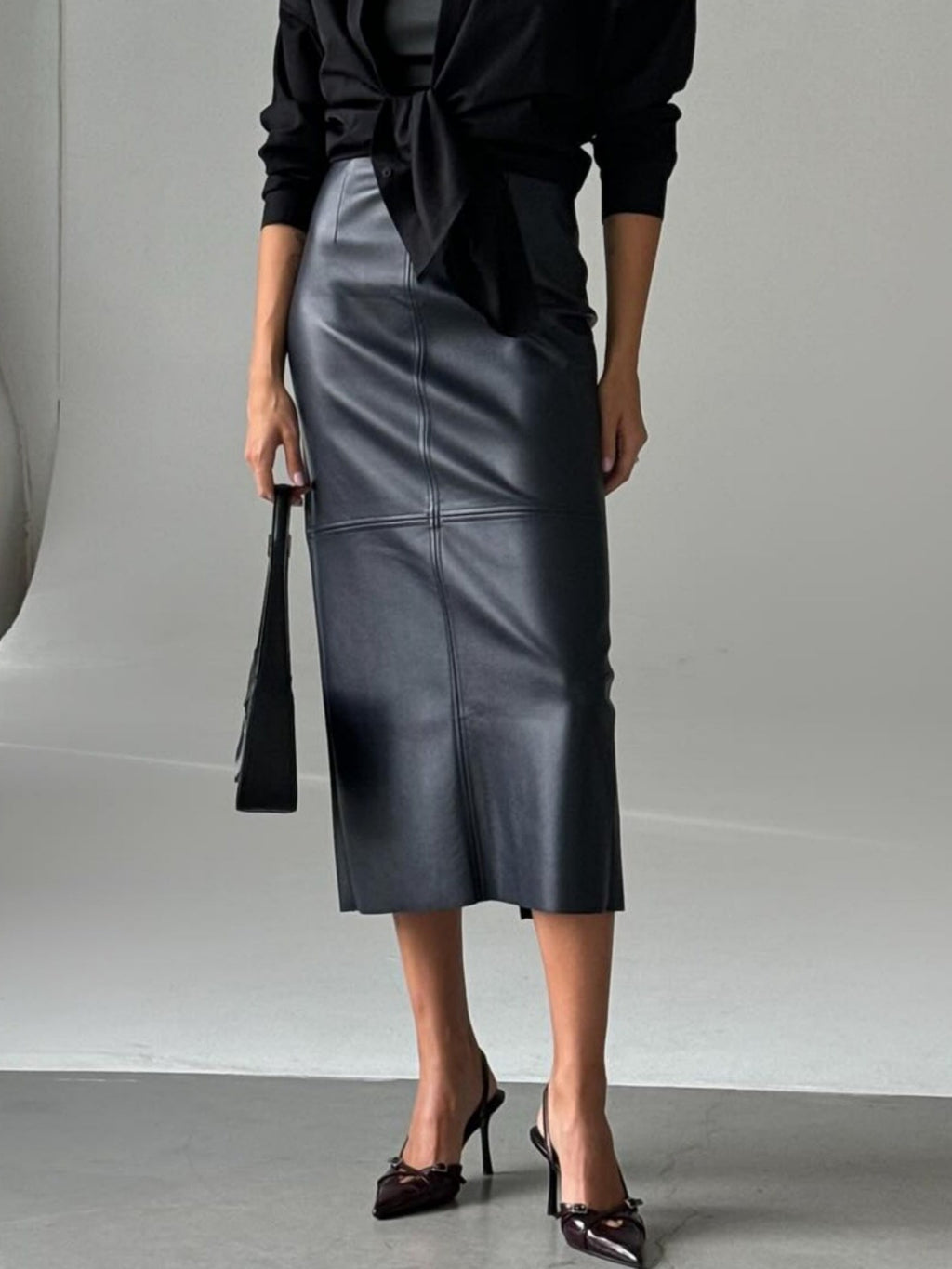 PU Leather High-waisted Back Slit Longline Skirts