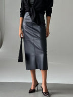 PU Leather High-waisted Back Slit Longline Skirts