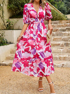 Floral Short Sleeve V-neck Vacation And Leisure Maxi Dresses