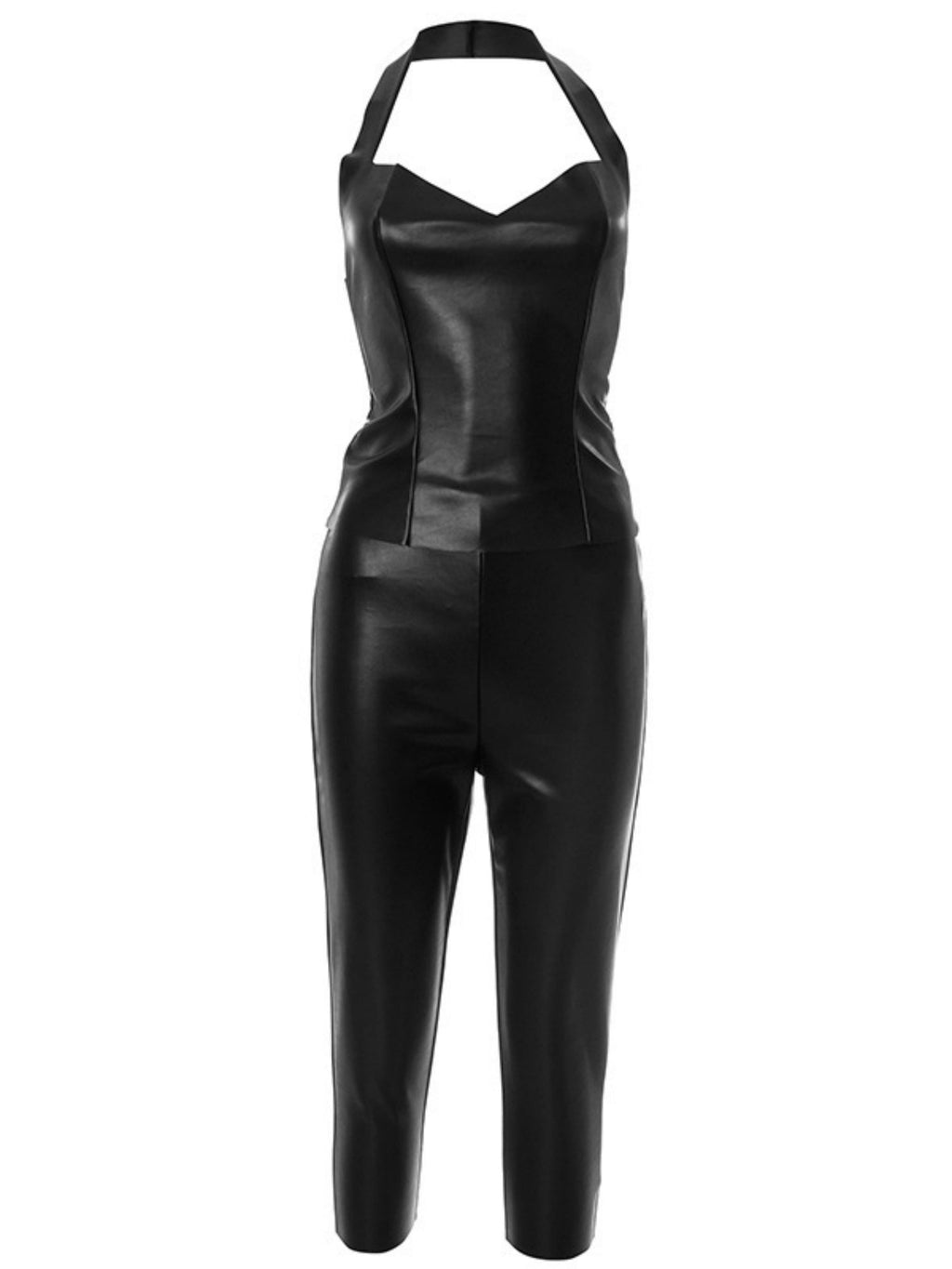 Imitation Leather Halter Neck And Backless Skinny Capri Pants 2-piece Sets