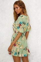 Boat Neck Ruffle Cuff Self Tie Waist Floral Ruffle Hem Mini Dress