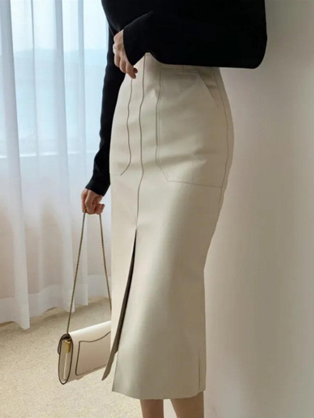 PU Leather Deep Fork Skirts