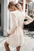 Swiss Dot V-Neck Button Front Elastic Waist Bishop Sleeve Mini Dress