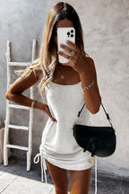 Metallic Knit Spaghetti Strap Side Drawstring Ruched Mini Dress