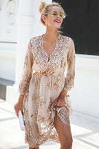 Floral Sequin Mesh Overlay Deep V-Neck Flutter Sleeve Midi Dress