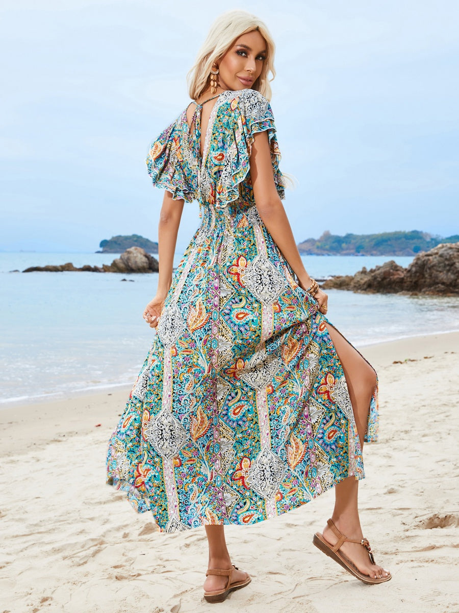 Rayon V-neck Backless Printed Ruffle Short Sleeve Slit Vacation And Leisure Maxi Dresses