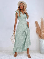 Floral Lotus Leaf Sleeves V-neck Vacation And Leisure Maxi Dresses