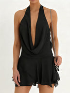 Deep V Swing Collar Chiffon Halter Reunion Mini&Short Dresses