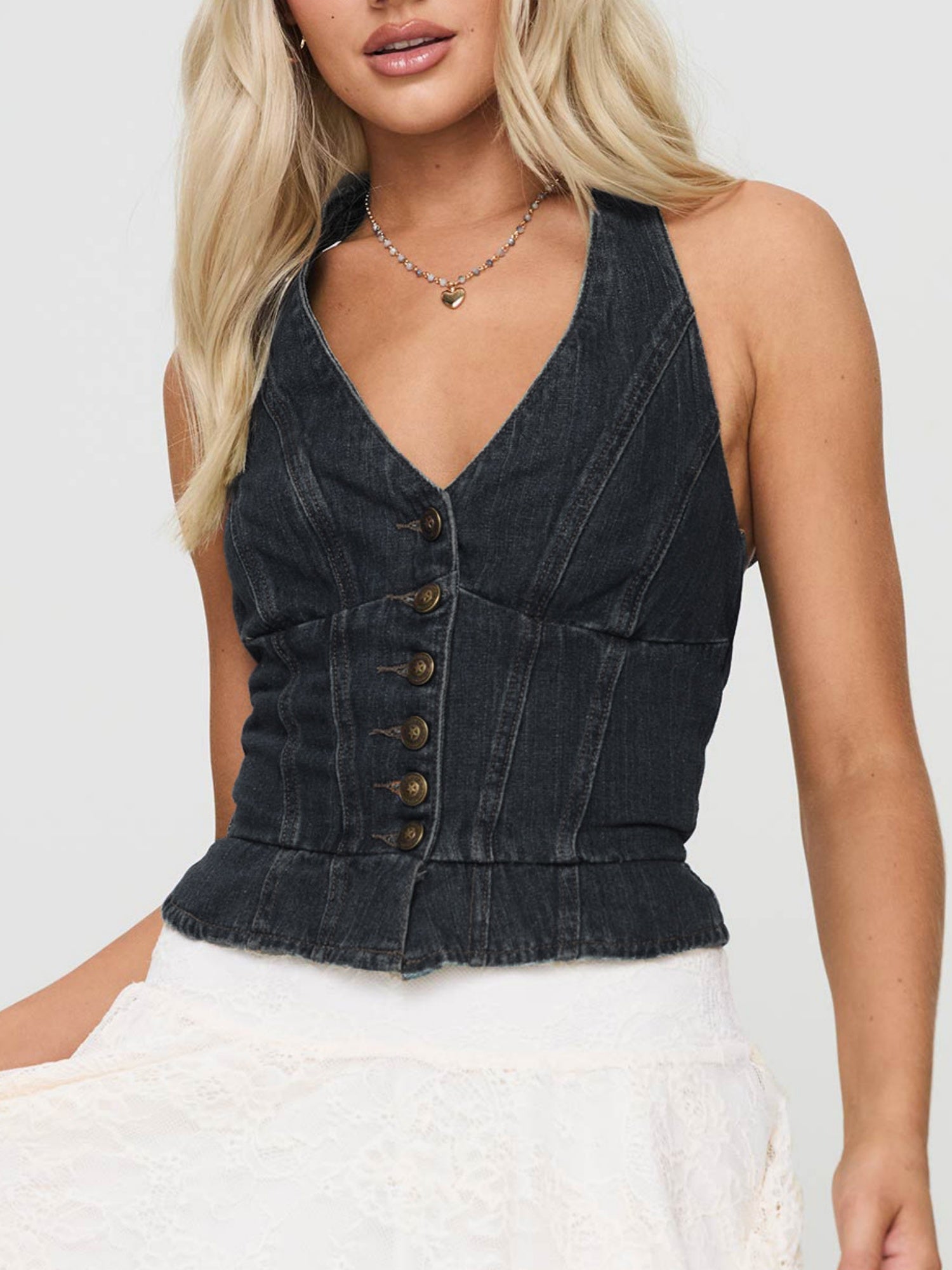 Denim Tie Buttons Halter V-neck Tank Tops&Camis