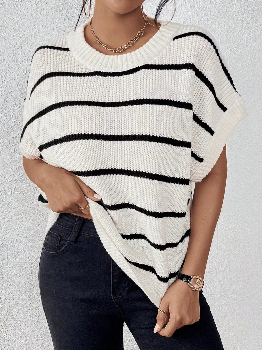 Stripes Color Matching Crew Neck Knitted T-shirt