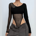 Long sleeve mesh metal tag patchwork bodysuit  | Festival Outfits Women