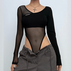 Long sleeve mesh metal tag patchwork bodysuit  | Festival Outfits Women