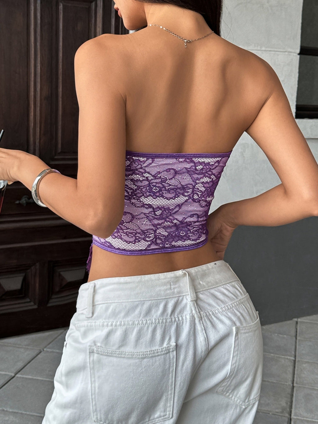 Lace Trim Splicing Buttons Strapless Bra