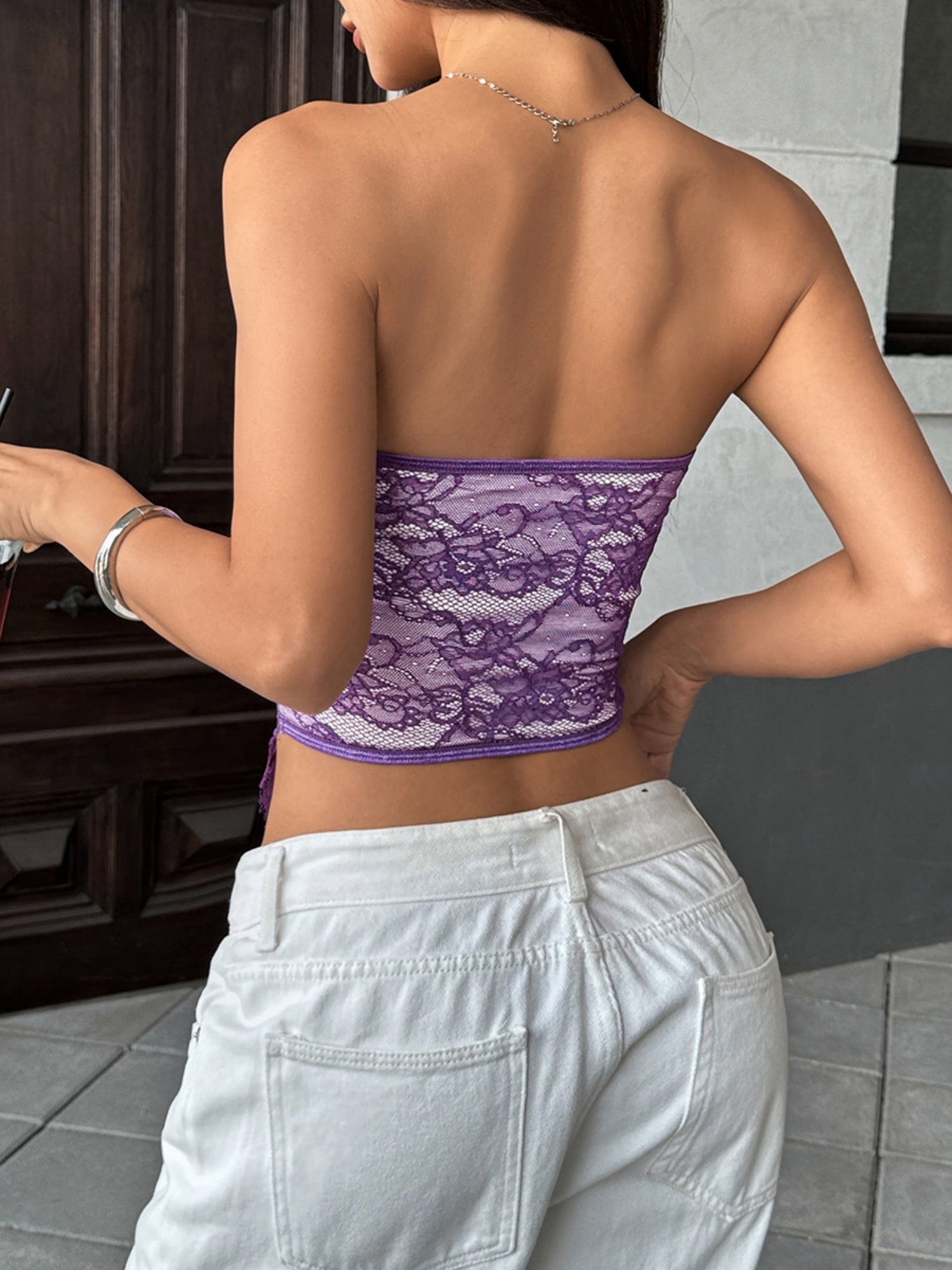 Lace Trim Splicing Buttons Strapless Bra