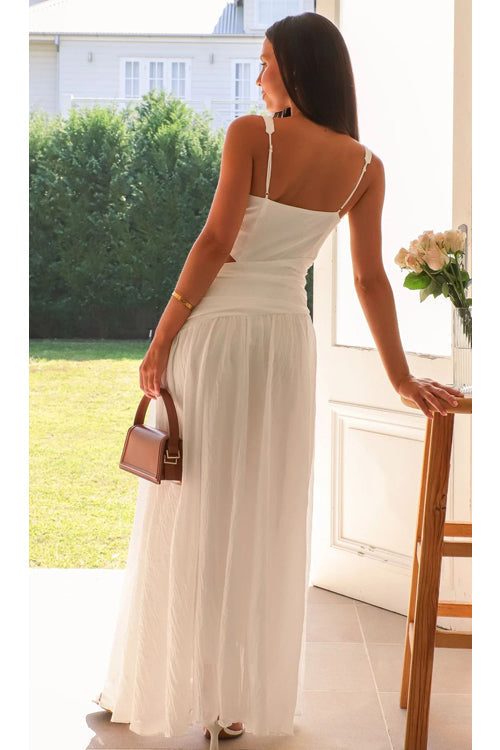 Deep V-Neck Cut Out Waist Sleeveless Wrap Pleated Maxi Dress