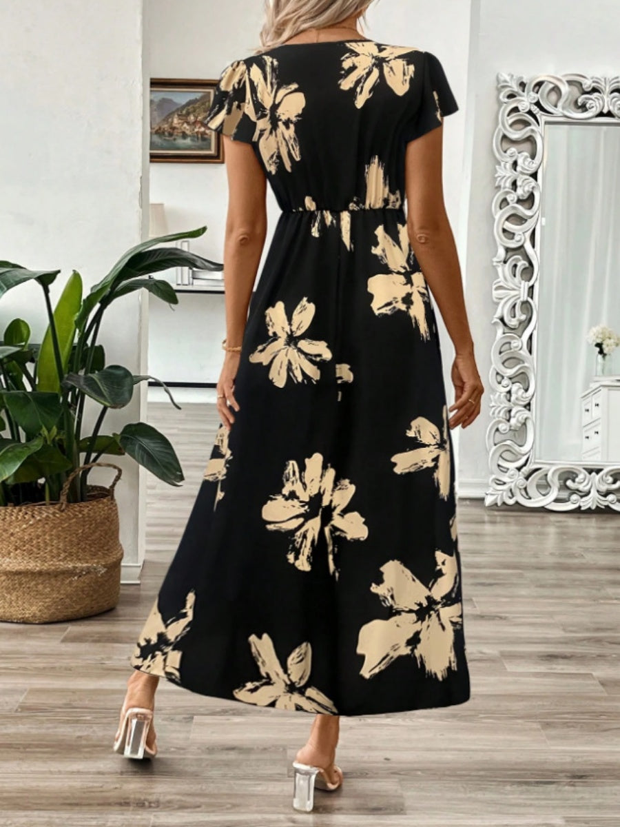 V-neck Ruffle Printed Vacation And Leisure Maxi Dresses