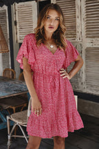 Ditsy Floral Print Surplice V-Neck Flutter Sleeve Drawstring Waist Ruffle Hem Mini Dress