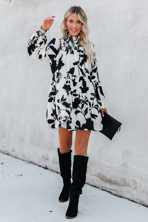 Smocked Mock Neck Balloon Sleeve Tiered Floral Print Mini Dress