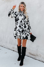 Smocked Mock Neck Balloon Sleeve Tiered Floral Print Mini Dress