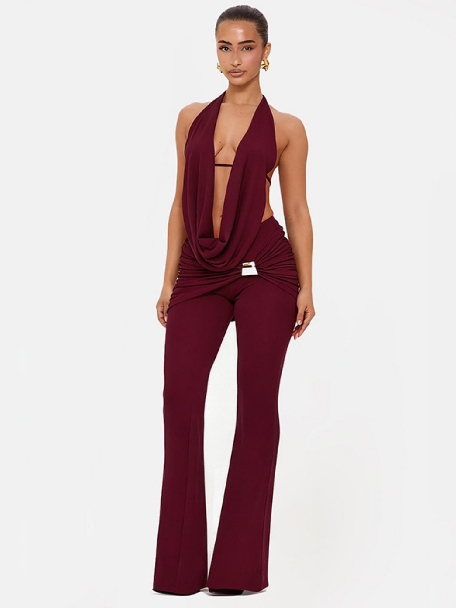 Halter Neck Collar Backless Tie-up Top Metal Buckle Flared Trousers 2-piece Sets