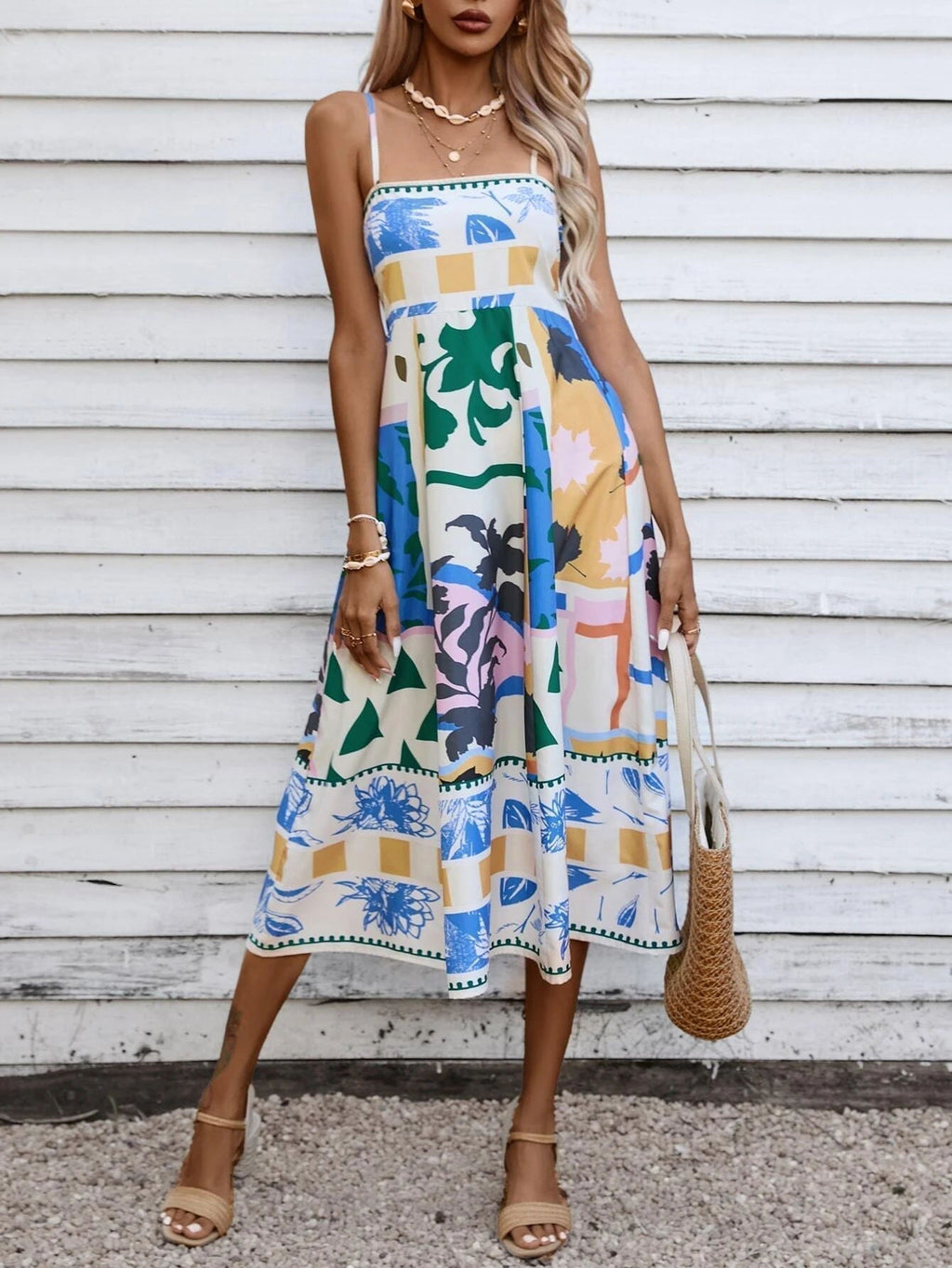 Square Neck Spaghetti Strap Abstract Tropical Print Midi Dress