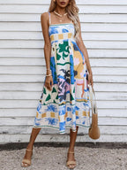 Square Neck Spaghetti Strap Abstract Tropical Print Midi Dress