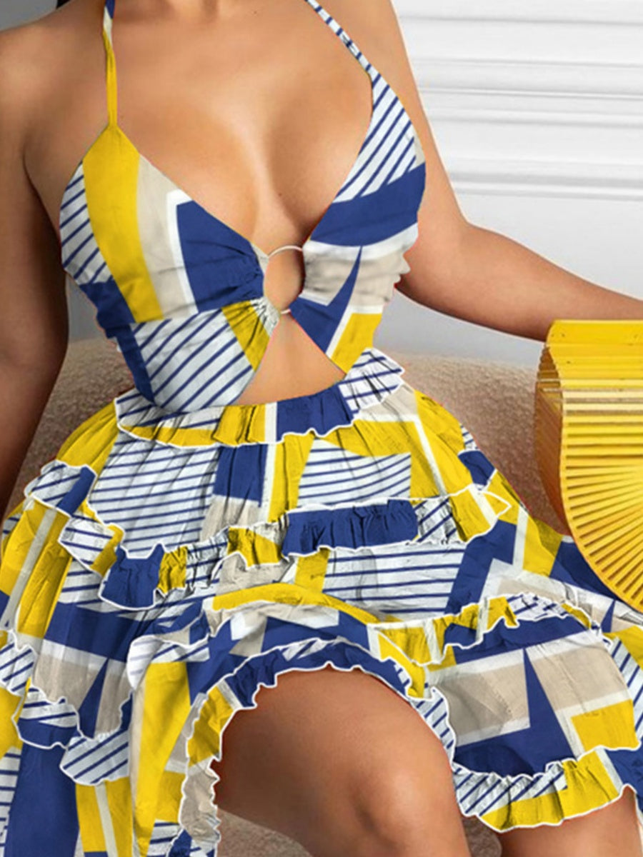 Hollow Halter Ruffle Cake Skirt Mini&Short Dresses