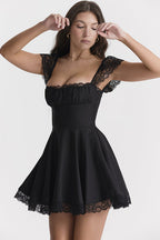 Square Neck Ruched Bust Lace Cap Sleeve Lace Hem Mini Dress