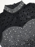 Hot-fix Rhinestone Mesh Long Sleeves Splicing Waist Shaping Slit Party Shiny Maxi Dresses