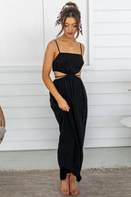 Square Neck Spaghetti Strap Waist Cut Out Gathered Bodice Maxi Dress