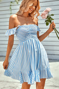 Off-the-Shoulder Smocked Vertical Striped Ruffle Hem Mini Dress