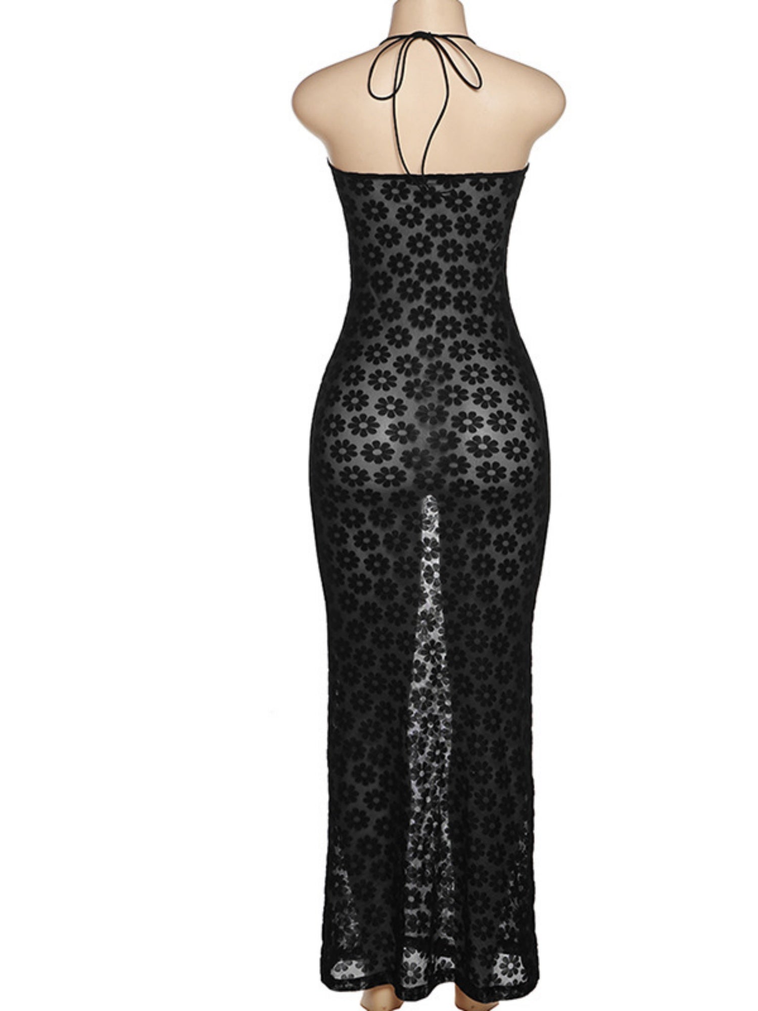 Flowers Hollow Out Metal Ring Halter Neck And Backless Maxi Dresses