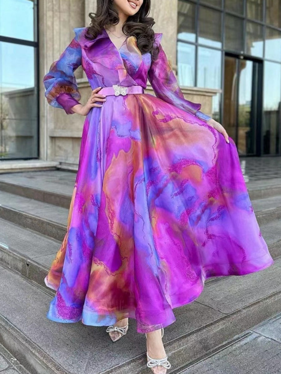 Gradient Print Mesh Long Dress