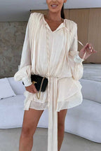 Lantern Long Sleeves Draped Ruffle Layered Mini Dress with Shorts