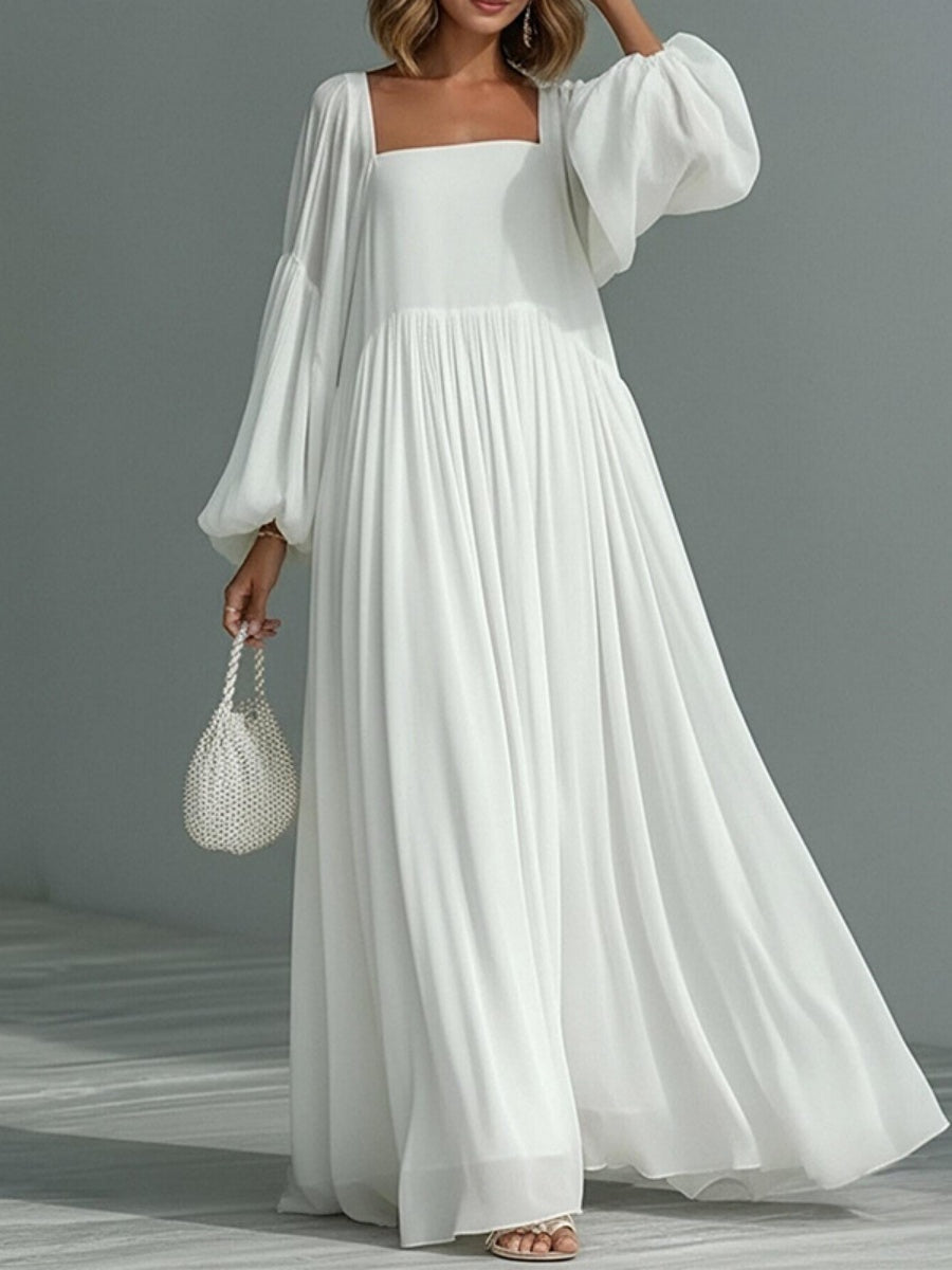 Vacation Balloon Sleeve Big Swing Square Collar Comfort Maxi Dresses