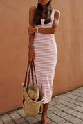 U Neck Button Down Striped Midi Tank Dress