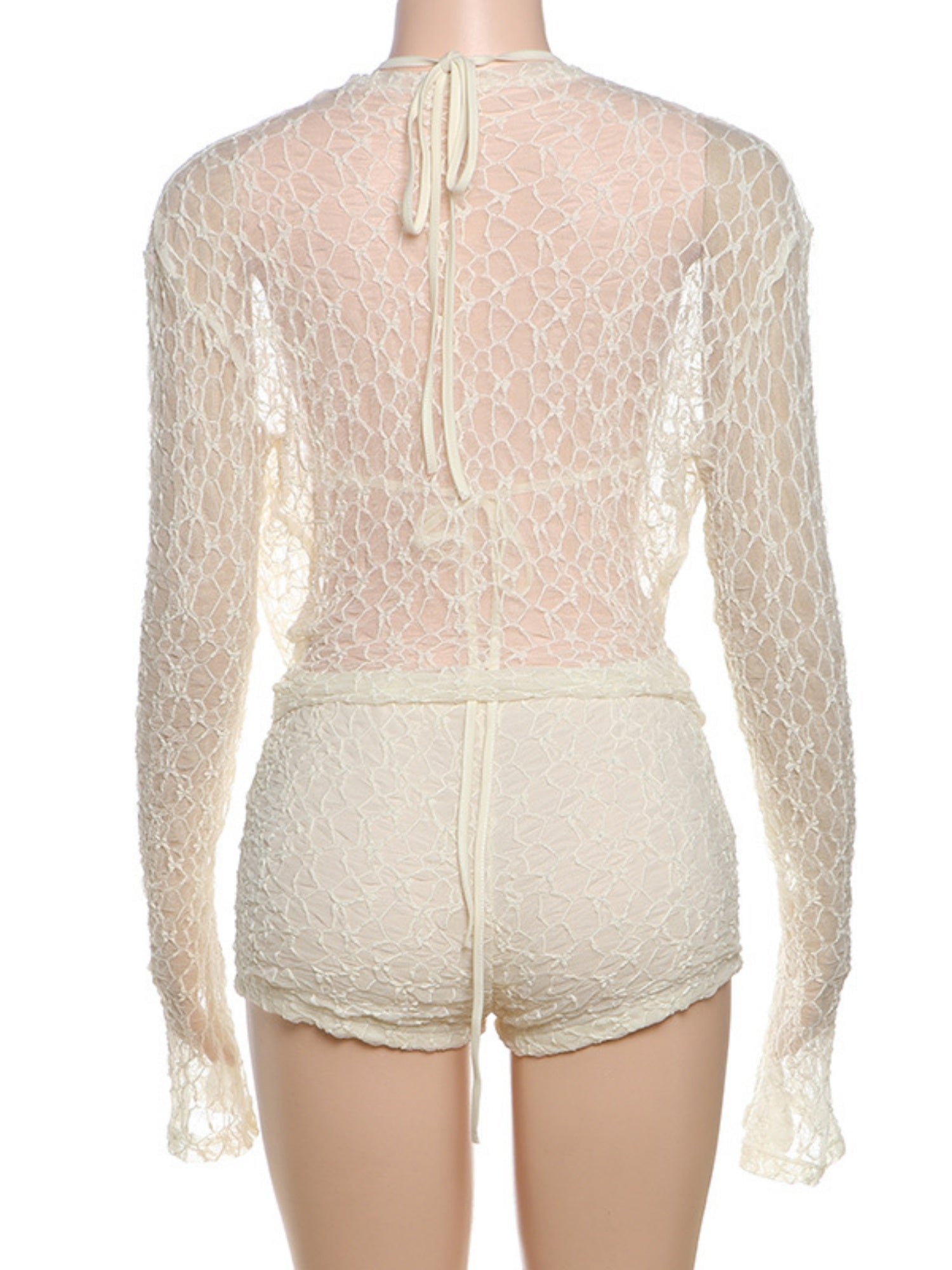Lace Cutout Long-sleeved Cover-up Halter Neck Strap Slim-fit Shorts 3-piece Sets
