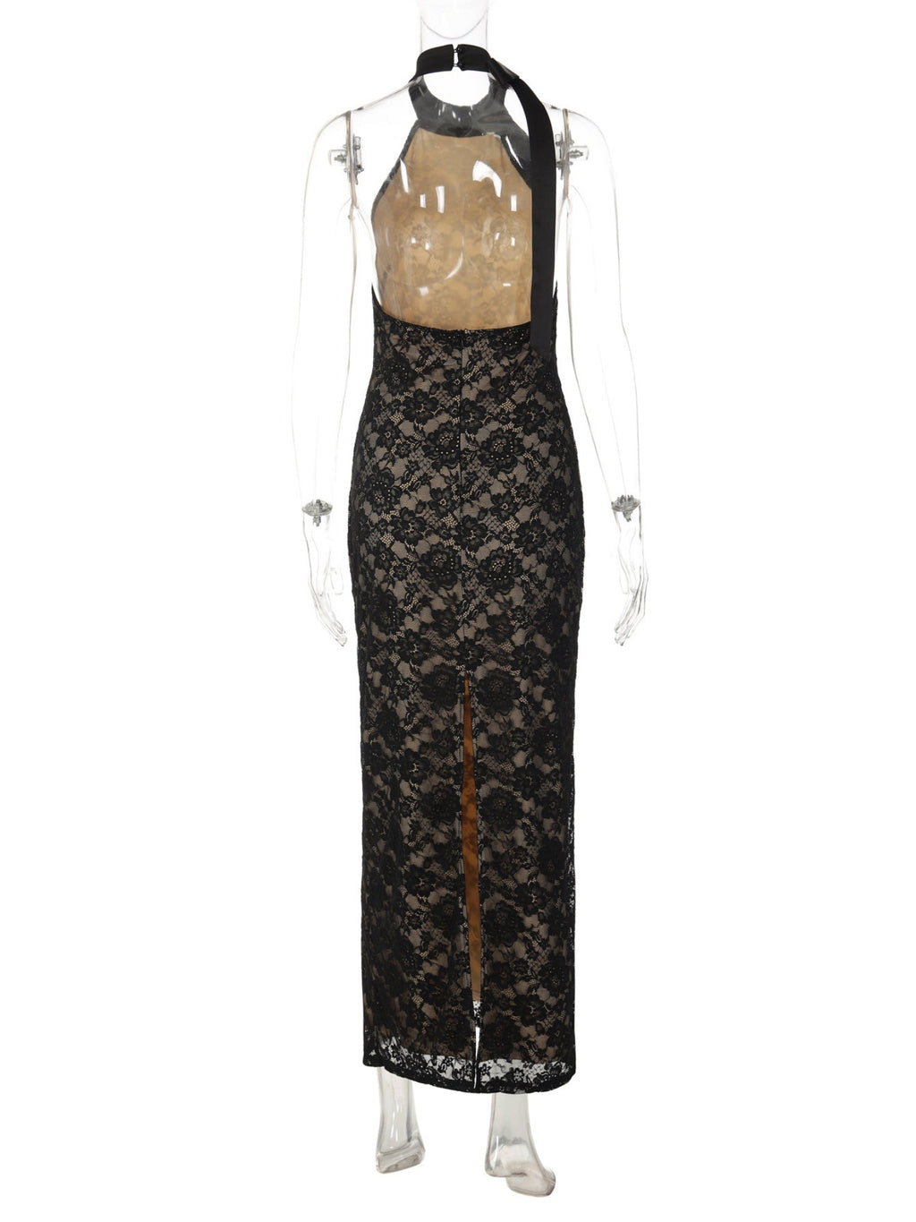 Lace Patchwork Halter Neck And Backless Sleeveless Bodycon Maxi Dresses