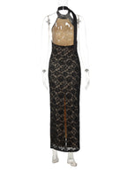 Lace Patchwork Halter Neck And Backless Sleeveless Bodycon Maxi Dresses