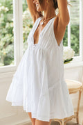 Deep V-Neck Sleeveless Empire Tie Waist Tiered Ruffle Babydoll Mini Dress