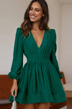 Deep V-Neck Puff Sleeve Shirred Waist Tiered Ruffle Mini Dress