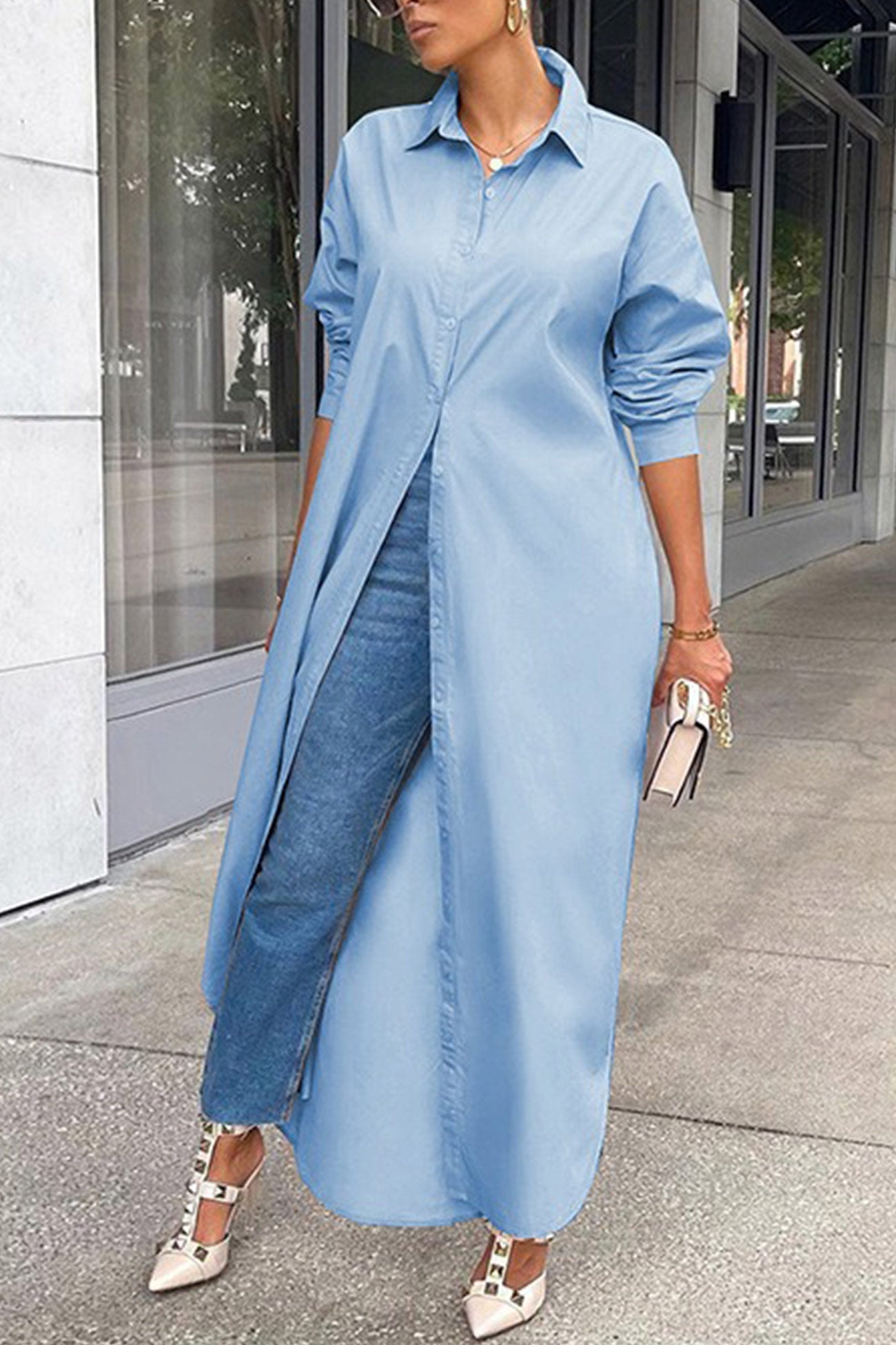 Solid Color Single-breasted Long Blouse