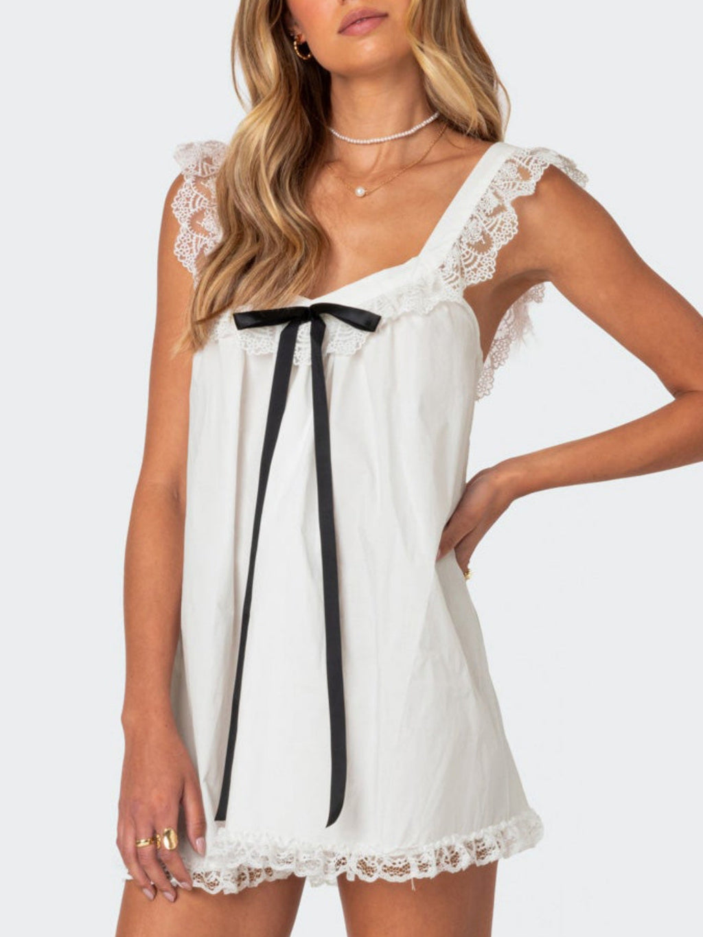 Bow Lace Trim Spaghetti Strap Backless Mini&Short Dresses