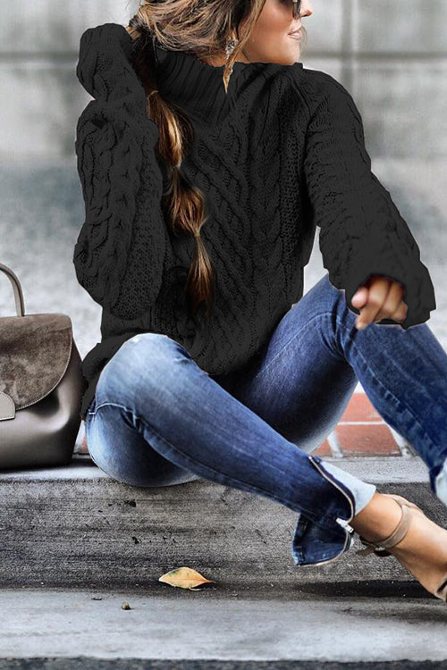 Mockneck Solid Cable Knit Pullover Sweater