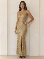 V-neck Sequins Slit Banquet Formal Dress Parties Maxi Dresses