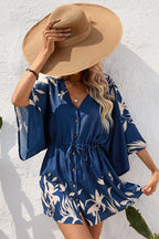 Deep V Neck Button Front Kimono Sleeve Drawstring Botanical Print Mini Dress